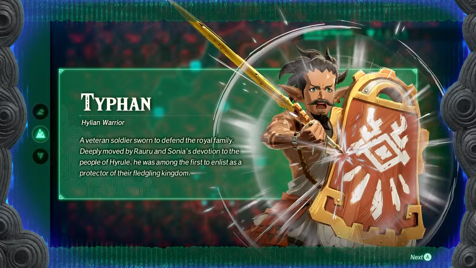 In-game character profile for Typhan, a Hylian warrior wielding a sword and shield. He is depicted in an action stance, with a vibrant, dynamic background.