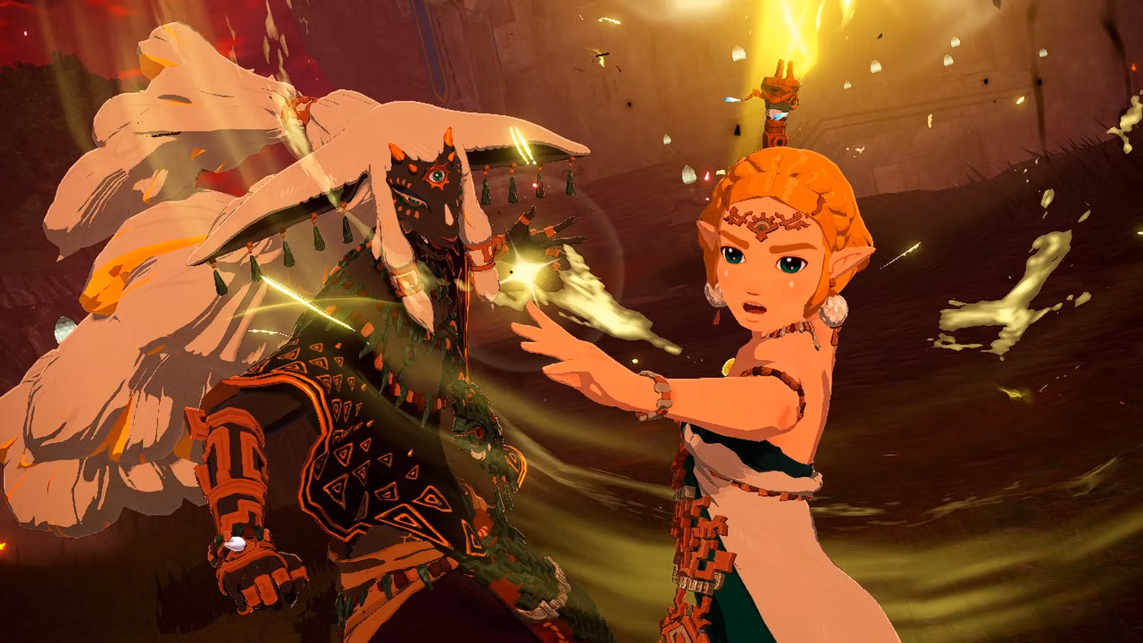 Zelda and Ganondorf in a dynamic confrontation, with magical energy swirling around them.