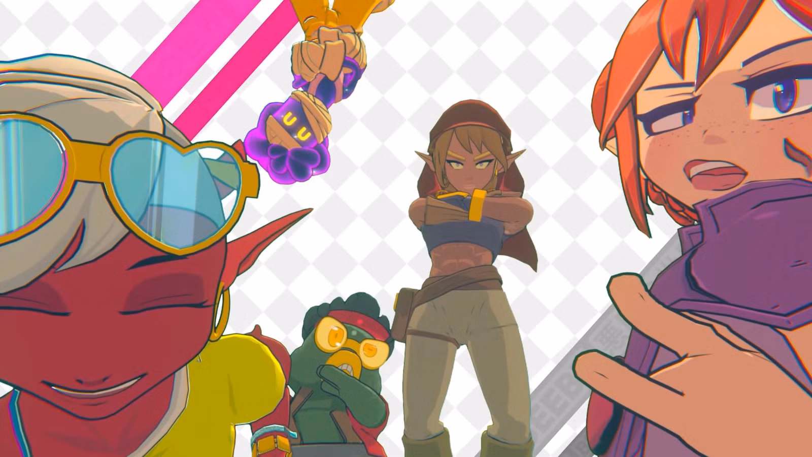 A group of animated characters posing with various expressions and styles, featuring colorful outfits and accessories against a geometric background.