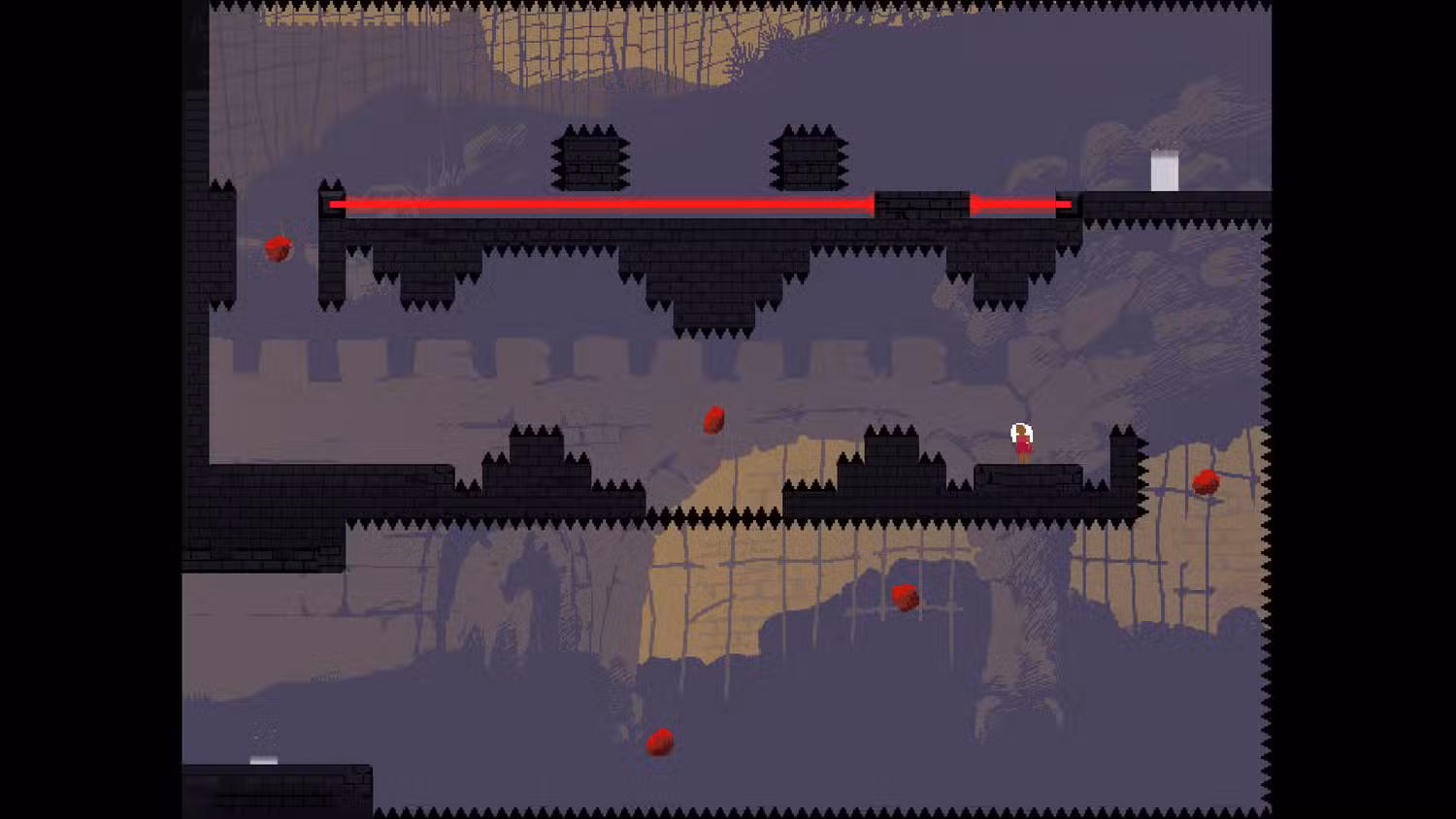 A pixel art platformer scene depicting a character on a dark, spiky landscape with red obstacles and a light source in the background.